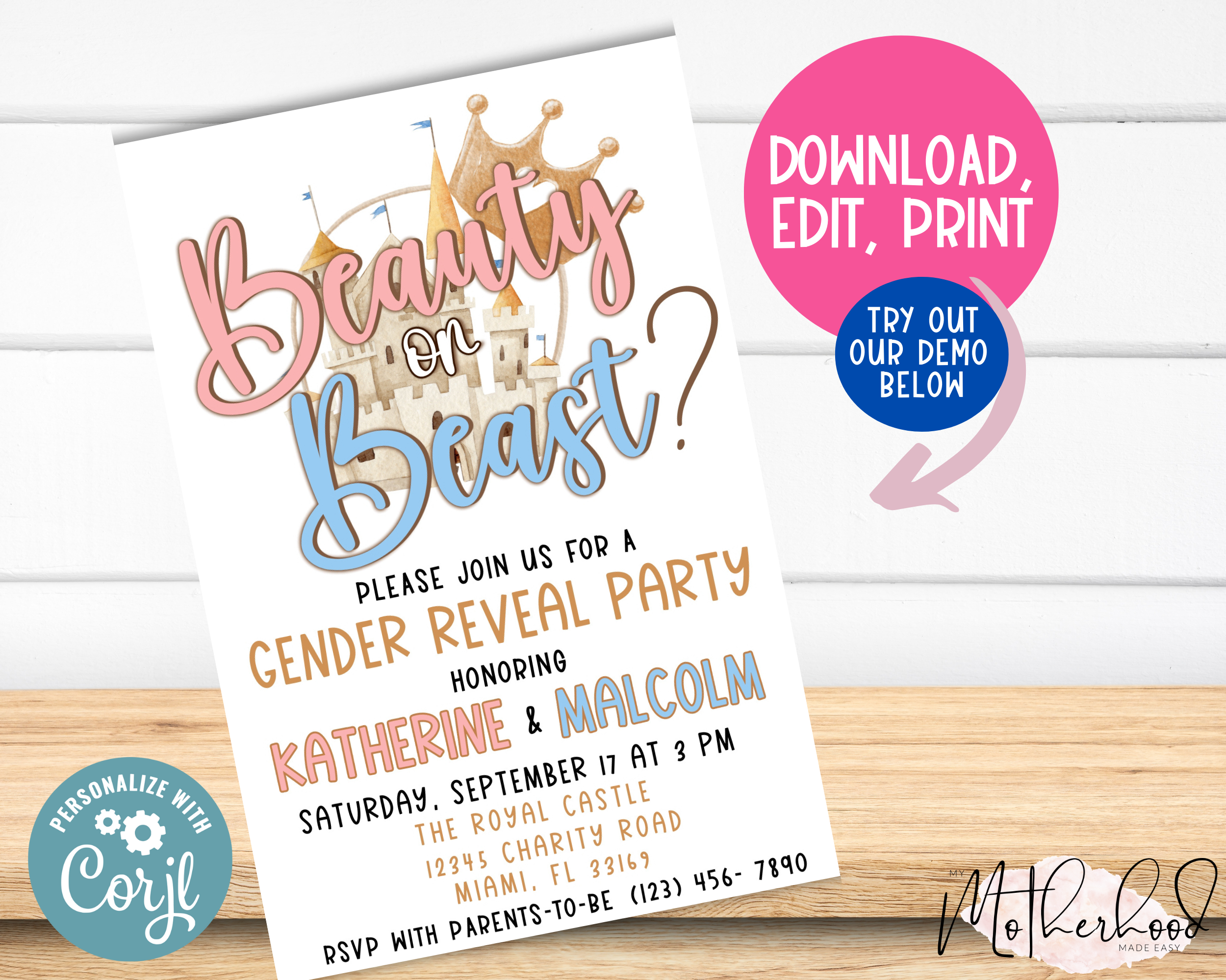 Beauty or Beast_ He or She_ Gender Reveal Party Invitation - Pink and Blue- Castle - He or She- Boy or Girl - Royal Ball- Prince or Princess  Introducing the Editable Beauty or Beast Gender Reveal Party Invitation Card! This beautiful and personalizable Gender Reveal Party Invitation is the perfect way to invite your amazing friends and family to your gender reveal party. With a variety of colors and fonts to choose from, you can easily customize this party announcement to perfectly reflect your style. Whether you're sharing on social media or sending out physical party invitations, this stunning Gender Reveal Party Invitation is sure to get everyone excited for your baby reveal.