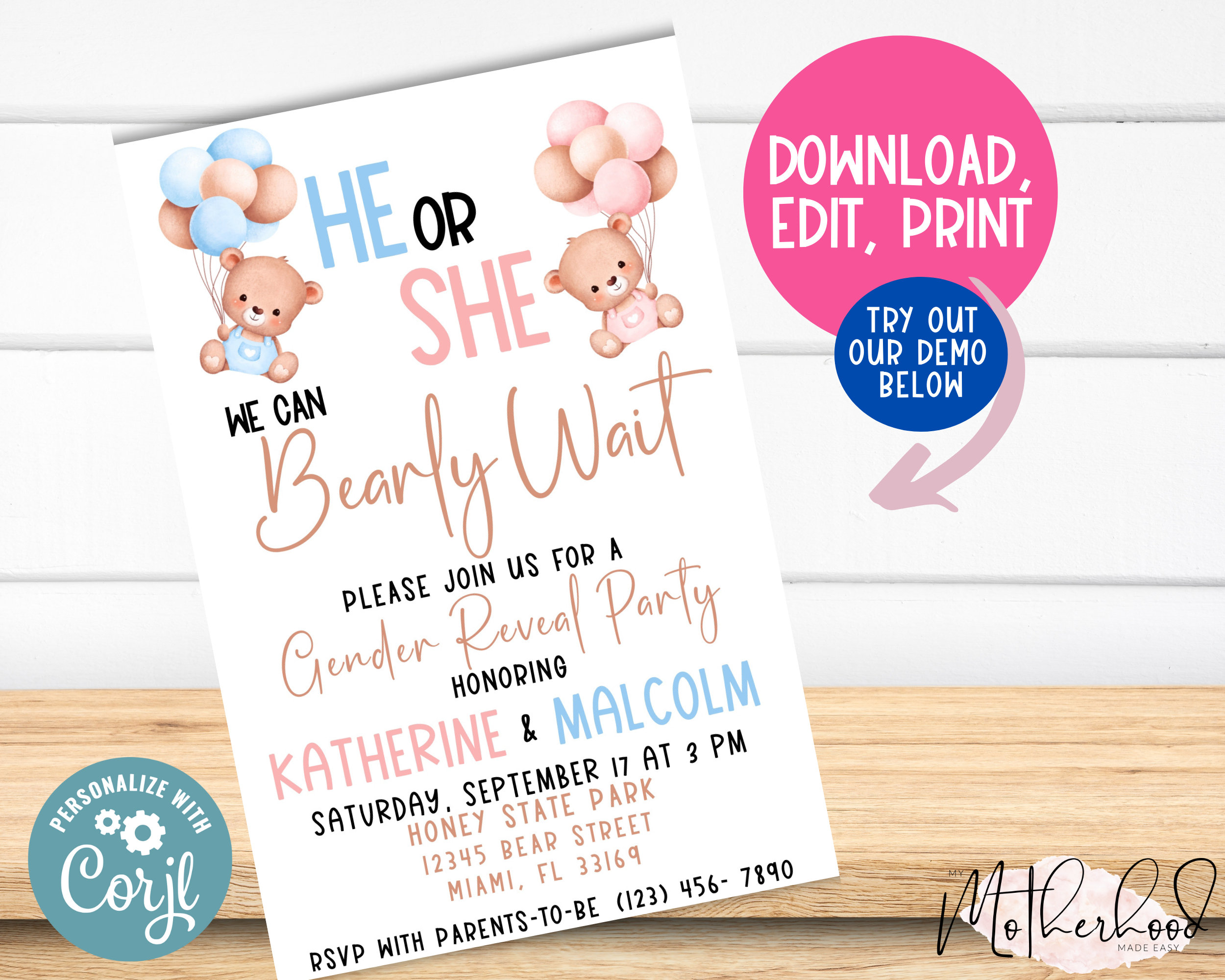 He Or She We Can Bearly Wait- Gender Reveal Invitation - Pink and Blue- Teddy Bear - He or She- Boy or Girl - Teddy Bear  Introducing the Editable He Or She We Can Bearly Wait Gender Reveal Party Invitation Card! This beautiful and personalizable Gender Reveal Party Invitation is the perfect way to invite your amazing friends and family to your gender reveal party. With a variety of colors and fonts to choose from, you can easily customize this party announcement to perfectly reflect your style. Whether you're sharing on social media or sending out physical party invitations, this stunning Gender Reveal Party Invitation is sure to get everyone excited for your baby reveal.