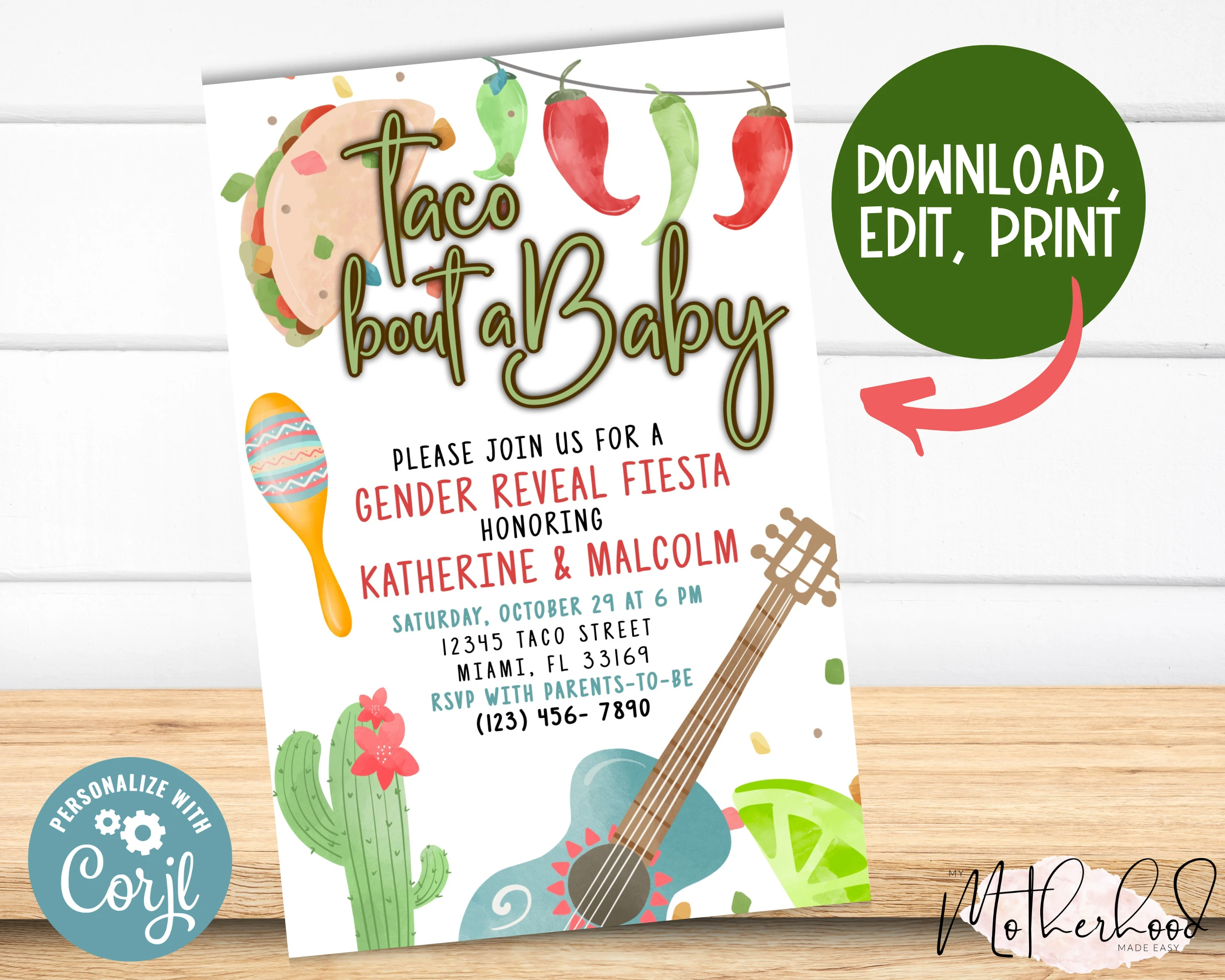 Editable Taco Bout A Baby- Gender Reveal Fiesta Party Invitation - Cinco De Mayo- Mexican - Cactus- He or She- Boy or Girl-Baby Printable  Introducing the Editable Taco Bout A Baby Gender Reveal Gender Reveal Party Invitation Card! This beautiful and personalizable Gender Reveal Party Invitation is the perfect way to invite your amazing friends and family to your gender reveal fiesta. With a variety of colors and fonts to choose from, you can easily customize this party announcement to perfectly reflect your style. Whether you're sharing on social media or sending out physical party invitations, this stunning Gender Reveal Party Invitation is sure to get everyone excited for your baby reveal.