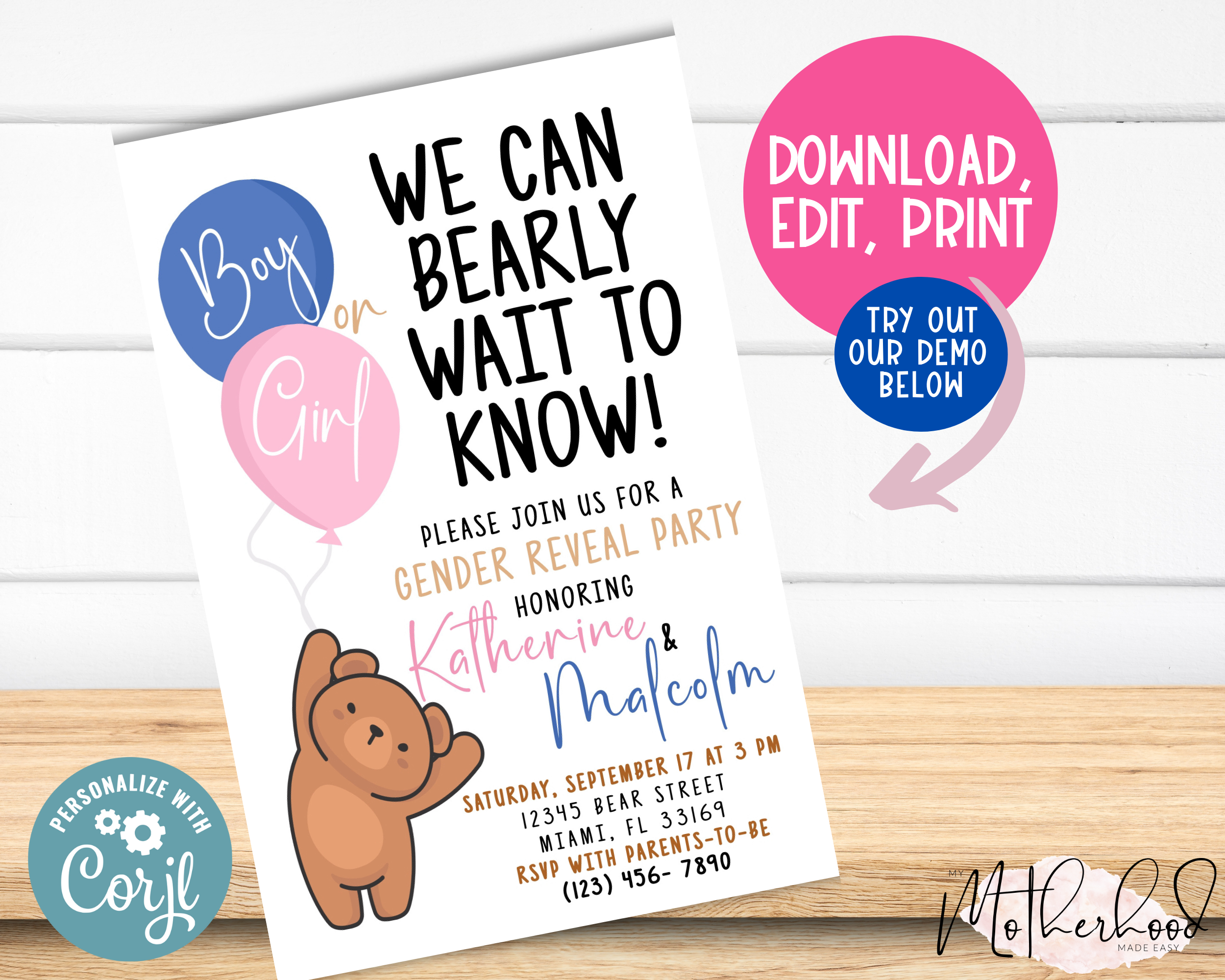 Editable We Can Bearly Wait To Know Gender Reveal Party Invitation- Pink and Blue- Teddy Bear - He or She- Boy or Girl - Teddy Bear  Introducing the Editable We Can Bearly Wait To Know Gender Reveal Party Invitation Card! This beautiful and personalizable Gender Reveal Party Invitation is the perfect way to invite your amazing friends and family to your gender reveal party. With a variety of colors and fonts to choose from, you can easily customize this party announcement to perfectly reflect your style. Whether you're sharing on social media or sending out physical party invitations, this stunning Gender Reveal Party Invitation is sure to get everyone excited for your baby reveal.