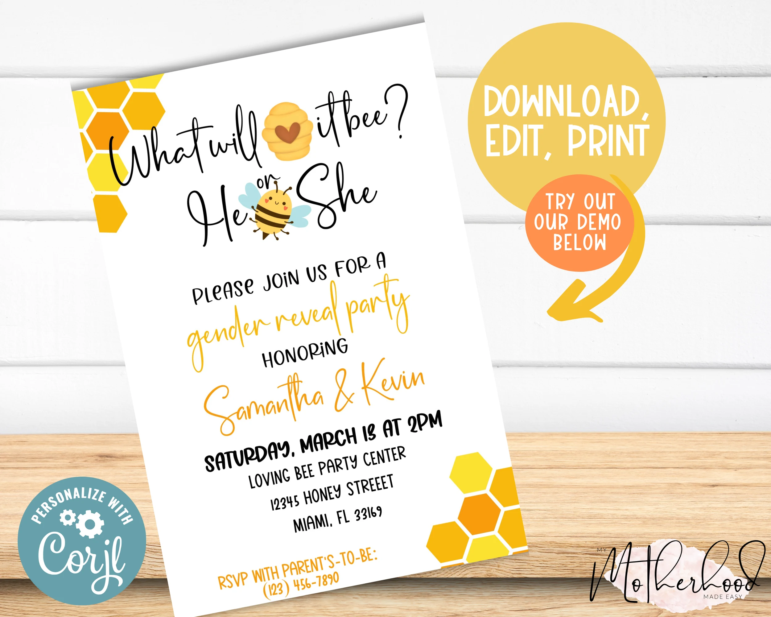 Editable What Will it Bee Themed Gender Reveal Party Invitation - Yellow - Honey- He or She- Boy or Girl-Baby Printable - Corji  Introducing the Editable What Will it Bee Themed Gender Reveal Party Invitation Card! This beautiful and personalizable Gender Reveal Party Invitation is the perfect way to invite your amazing friends and family to your gender reveal fiesta. With a variety of colors and fonts to choose from, you can easily customize this party announcement to perfectly reflect your style. Whether you're sharing on social media or sending out physical party invitations, this stunning Gender Reveal Party Invitation is sure to get everyone excited for your baby reveal.