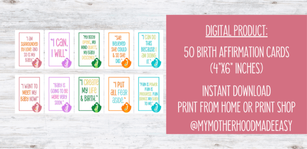 Looking for a way to approach your upcoming birth with positive affirmations? Our 50 Positive Colorful Birth Affirmation Cards will help you do just that! With lovely, colorful artwork and empowering statements, these cards will help you stay confident and relaxed throughout your labor. Printed on high-quality cardstock, they're perfect for tucking into your hospital bag or birthing kit.