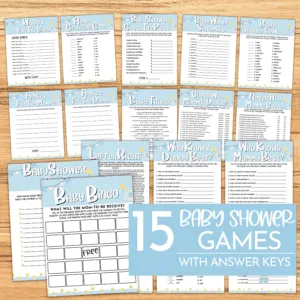Are you looking for some fun and exciting baby shower games? Then look no further than Blue Elephant Baby Shower Games! This bundle includes 15 fun-filled games that are perfect for any mother celebrating the arrival of her baby boy. Plus, when you purchase this product, you'll receive a pdf that will allow you to print out the games at home or at your local print shop. So bring on the laughter and good times with Blue Elephant Baby Shower Games! Baby Shower Games Included: In this Blue Elephant Baby Shower Games Bundle, there are 15 baby shower games to play at your baby shower for your little bundle of joy. Below you will find all 15 baby shower games included in this bundle also which games included answer keys: Baby Shower A to Z Who Knows Mommy Best? Who Knows Daddy Best? Guess Who Mommy or Daddy? Never Has Mommy Ever... Animal Gestation Game w/ Answer Key Baby Bingo Baby Shower Guess The Price Wishes For The Baby Baby Word Scramble w/ Answer Key Advice for The Mommy Advice for The Daddy Baby Trivia w/ Answer key Left or Right Baby Around The World w/ Answer Key