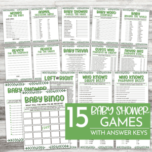 Are you looking for some fun and exciting baby shower games? Then look no further than Green Floral Minimalist Baby Shower Games! This bundle includes 15 fun-filled games that are perfect for any mother celebrating the arrival of her baby girl or baby boy. Plus, when you purchase this product, you'll receive a pdf that will allow you to print out the games at home or at your local print shop. So bring on the laughter and good times with Green Floral Minimalist Baby Shower Games! Baby Shower Games Included: In this Green Floral Minimalist Baby Shower Games Bundle, there are 15 baby shower games to play at your baby shower for your little bundle of joy. Below you will find all 15 baby shower games included in this bundle also which games included answer keys: Baby Shower A to Z Who Knows Mommy Best? Who Knows Daddy Best? Guess Who Mommy or Daddy? Never Has Mommy Ever... Baby Word Scramble w/ Answer Key Animal Gestation Game w/ Answer Key Baby Bingo Baby Shower Guess The Price Wishes For The Baby Advice for The Mommy Advice for The Daddy Baby Trivia w/ Answer key Left or Right Baby Around The World w/ Answer Key