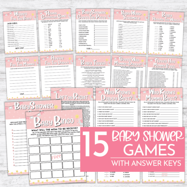 Are you looking for some fun and exciting baby shower games? Then look no further than Pink Elephant Baby Shower Games! This bundle includes 15 fun-filled games that are perfect for any mother celebrating the arrival of her baby girl. Plus, when you purchase this product, you'll receive a pdf that will allow you to print out the games at home or at your local print shop. So bring on the laughter and good times with Pink Elephant Baby Shower Games!   Baby Shower Games Included: In this Pink Elephant Baby Shower Games Bundle, there are 15 baby shower games to play at your baby shower for your little bundle of joy. Below you will find all 15 baby shower games included in this bundle also which games included answer keys: * Baby Shower A to Z * Who Knows Mommy Best? * Who Knows Daddy Best? * Guess Who Mommy or Daddy? * Never Has Mommy Ever... * Animal Gestation Game w/ Answer Key * Baby Bingo * Baby Shower Guess The Price * Baby Word Scramble w/ Answer Key * Wishes For The Baby * Advice for The Mommy * Advice for The Daddy * Baby Trivia w/ Answer key * Left or Right * Baby Around The World w/ Answer Key