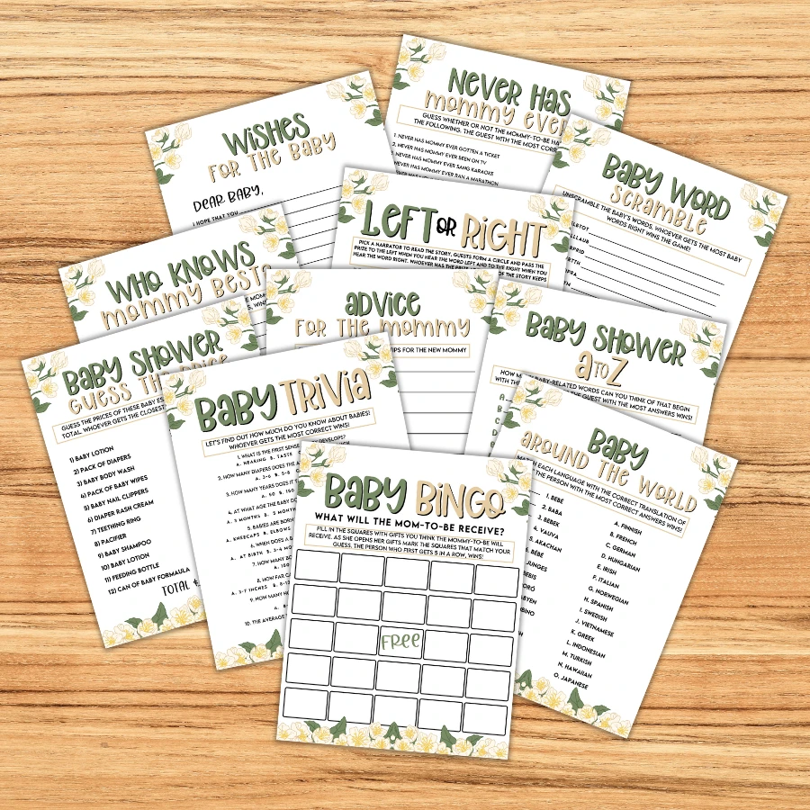 Are you looking for some fun and exciting baby shower games? Then look no further than White + Green Floral Baby Shower Games! This bundle includes 15 fun-filled games that are perfect for any mother celebrating the arrival of her baby girl or baby boy. Plus, when you purchase this product, you'll receive a pdf that will allow you to print out the games at home or at your local print shop. So bring on the laughter and good times with White + Green Floral Baby Shower Games!