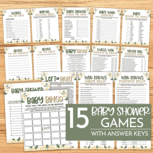 Are you looking for some fun and exciting baby shower games? Then look no further than White + Green Floral Baby Shower Games! This bundle includes 15 fun-filled games that are perfect for any mother celebrating the arrival of her baby girl or baby boy. Plus, when you purchase this product, you'll receive a pdf that will allow you to print out the games at home or at your local print shop. So bring on the laughter and good times with White + Green Floral Baby Shower Games!