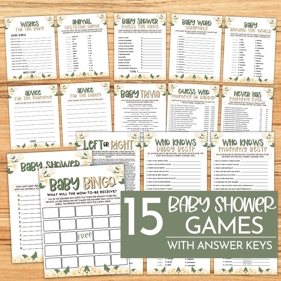 White + Green Floral Baby Shower Games