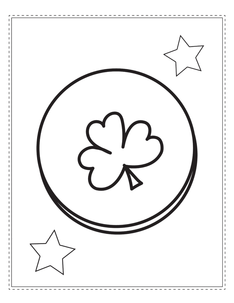 Lucky Three Leaf Clover Coin Coloring Page | ST Patrick's Day Coloring Sheets