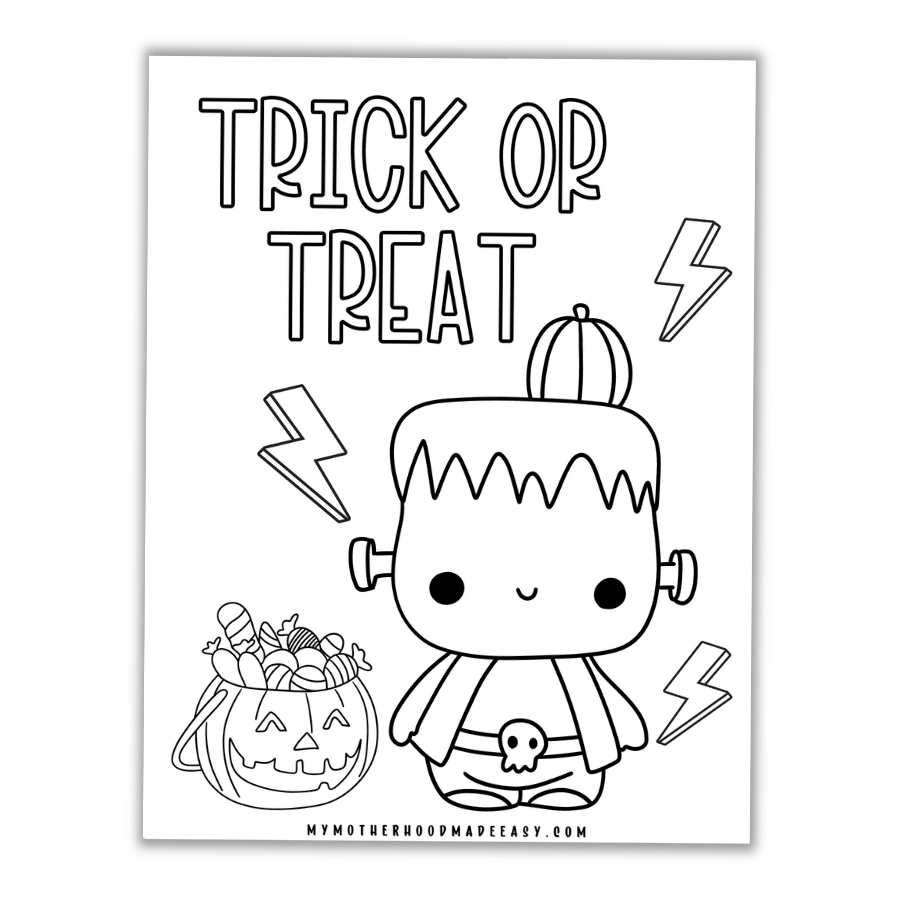Looking for a fun and festive coloring sheet for your little ones this Halloween? Look no further than the Frankenstein Halloween Coloring Sheet! This coloring sheet is perfect for kids of all ages and is sure to get them excited for Halloween!
The coloring sheet features a cute Frankenstein, lighting strikes, and the words "Trick Or Treat" on the page. Kids will love coloring in all of the fun details on this sheet! And you'll love that it keeps them busy while you're getting ready for Halloween festivities!