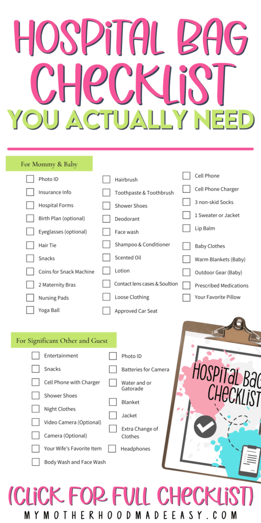 Not sure what to pack in your hospital bag as a first time mom? Here is a list of must haves items in your hospital bag + Checklist! Grab this printable hospital bag checklist for FREE! This hospital bag checklist is printable and perfect to check everything off that you need in your hospital bag to help with an easy labor and delivery process. This Printable and editable hospital bag checklist helps you pack your hospital bag items for mom, baby, and dad! Grab this printable hospital bag checklist PDF now!