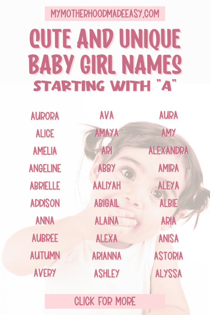 Cute and Unique Baby Girl Names Starting With A  + Meanings
Looking for girl names starting with A? We've gathered a list of some of our favorite girl names that begin with A. Baby girl names starting with A. #babygirl #girlnames #babygirlnames #stronggirlnames #biblicalgirlnames #beautifulgirlnames #cutebabygirlnames #countrybabygirlnames #southernbabygirlnames #babygirlnamesstartingwithA #oldfashionedbabygirlnames #uniquebabygirlnames #rarebabygirlnames
