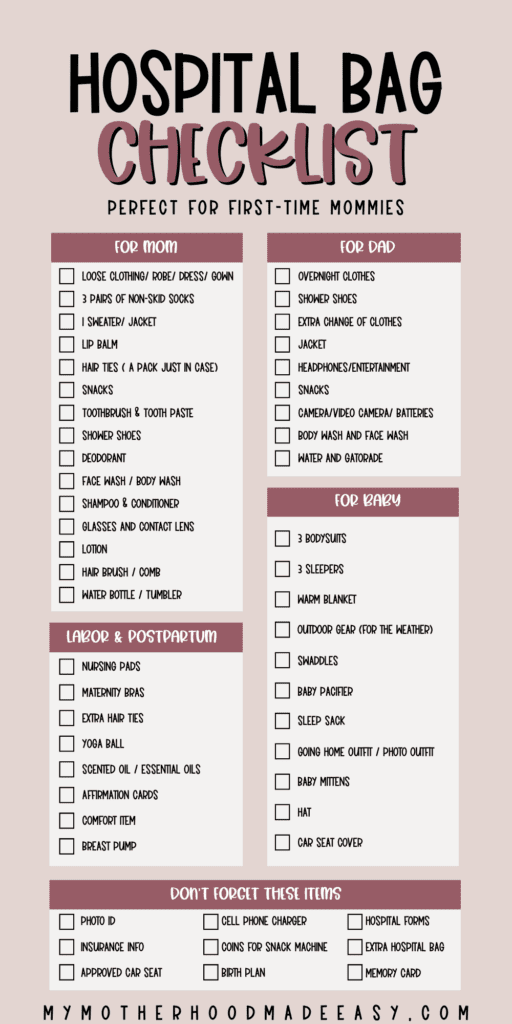 hospital bag checklist for mom, baby, and dad