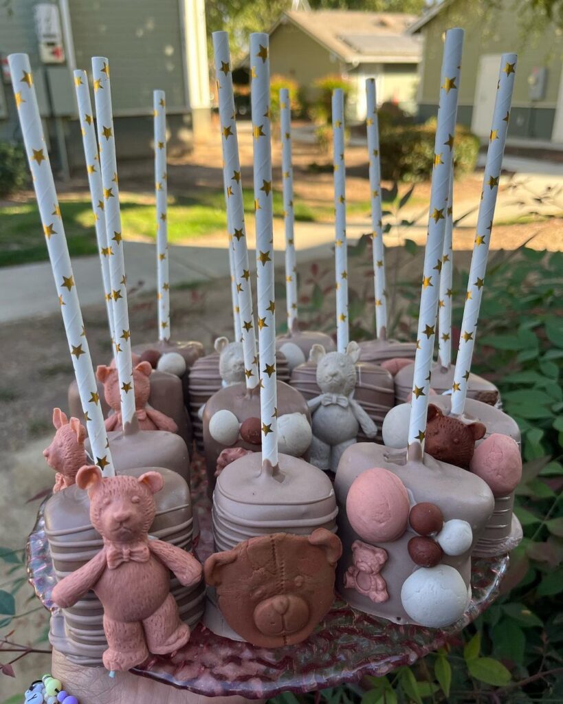 pink and brown bear themed marshmellow cake pop treats