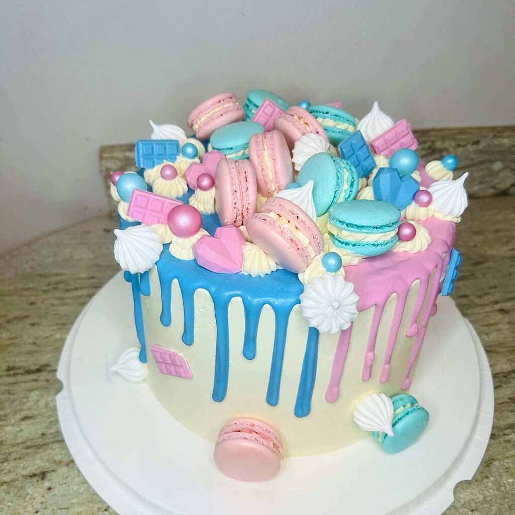 Pink and Blue Macarons Gender Reveal Cake: