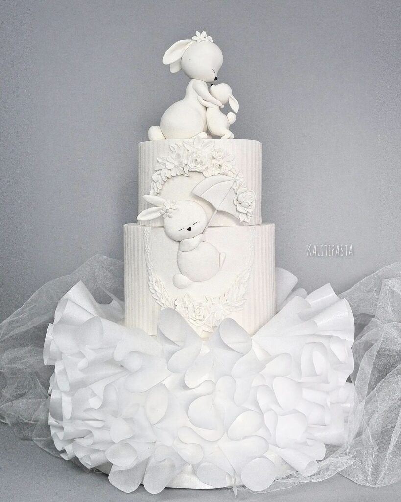 All White Bunny Tutu Baby Shower Cake