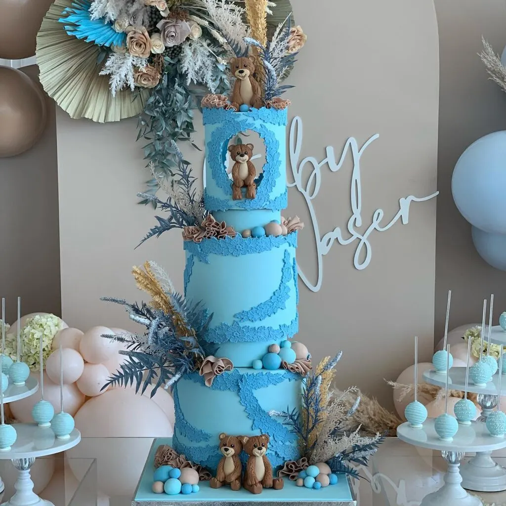 Blue Floral Teddy Bear Baby Shower Cake