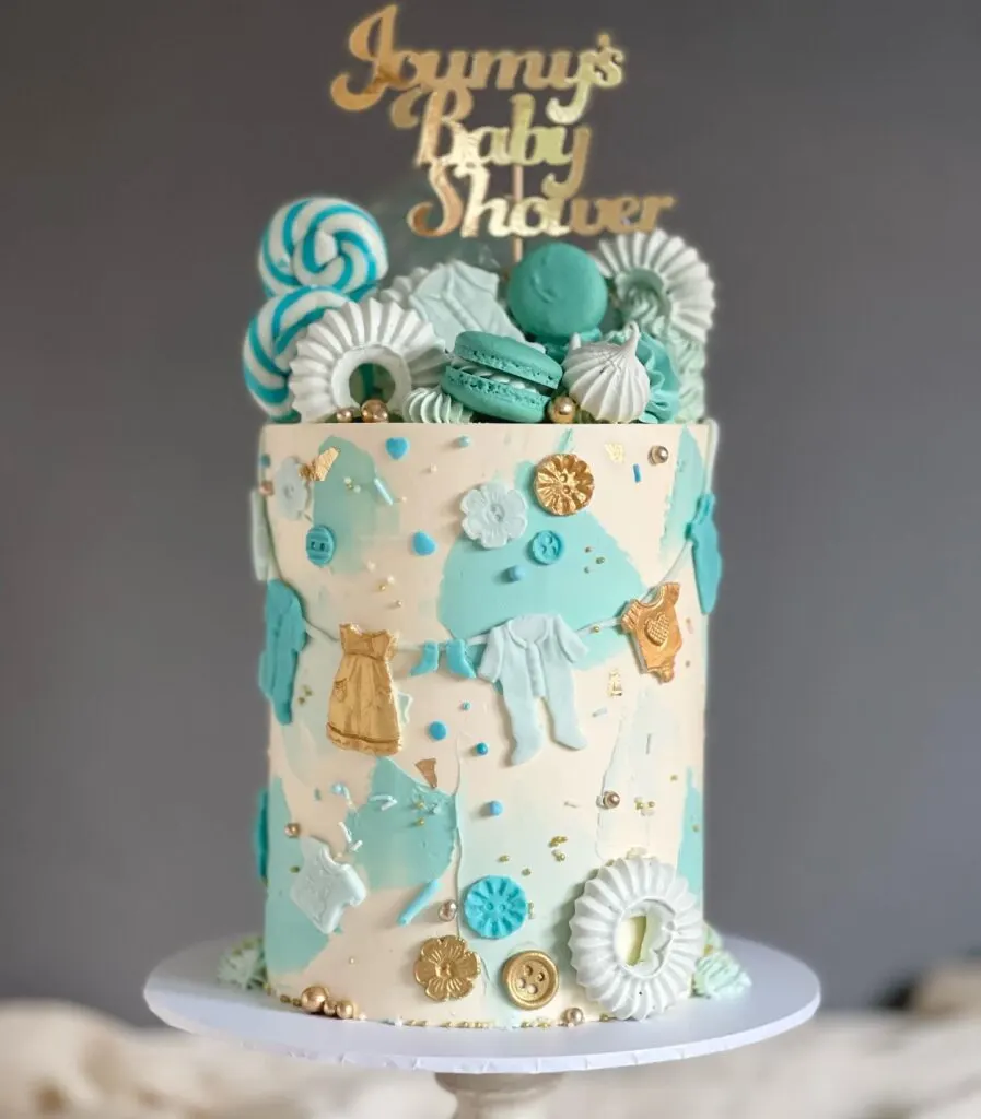 Blue and Gold Tall White Baby Shower Cake