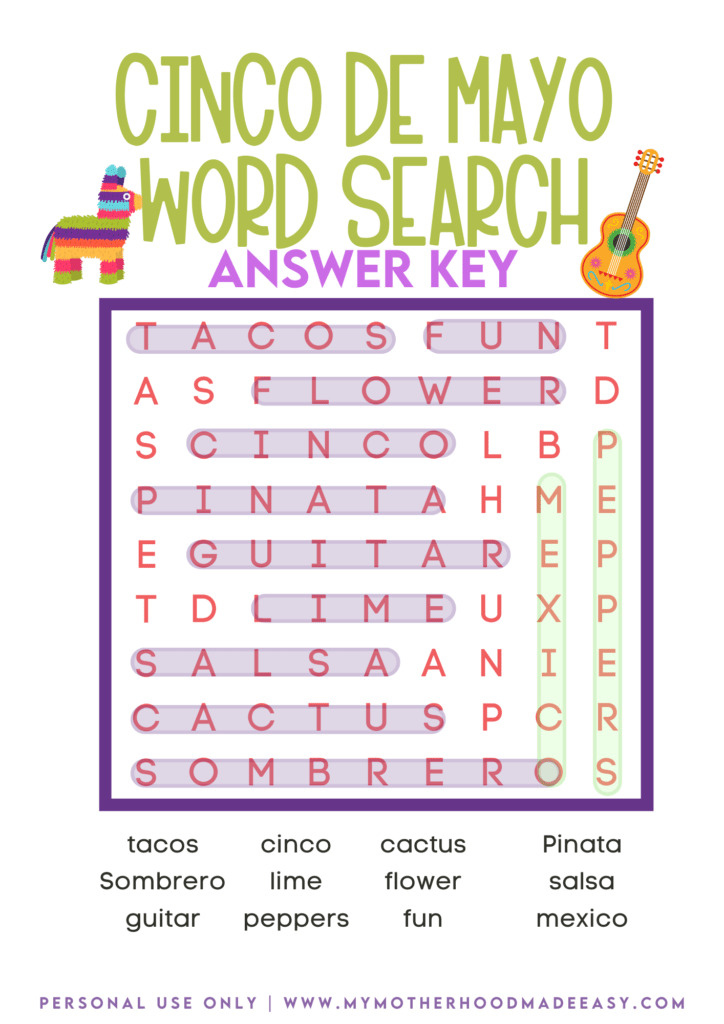 Cinco De Mayo Word Search Answer Key 