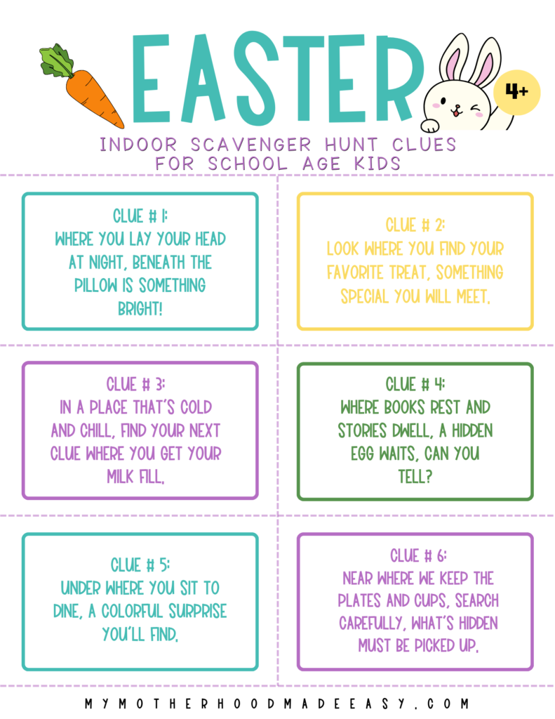 Indoor Easter Scavenger Hunt Clues for Young Kids