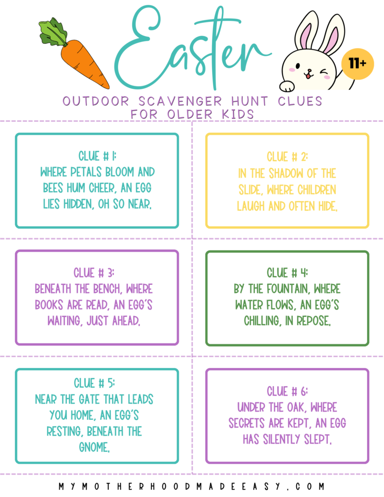 Outdoor Easter Scavenger Hunt Clues for Older Kids & Adults
