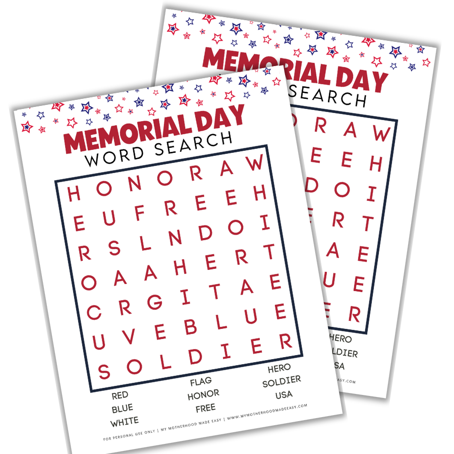 Easy Memorial Day Word Search for Kids