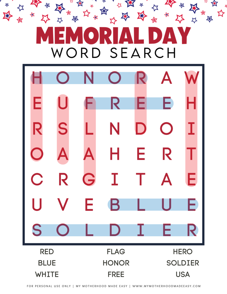 Free printable Memorial Day word search for kids with answer key