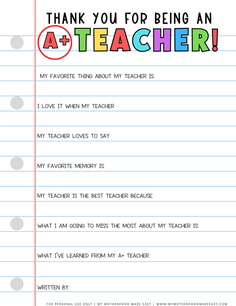 Free printable all about my teacher printable