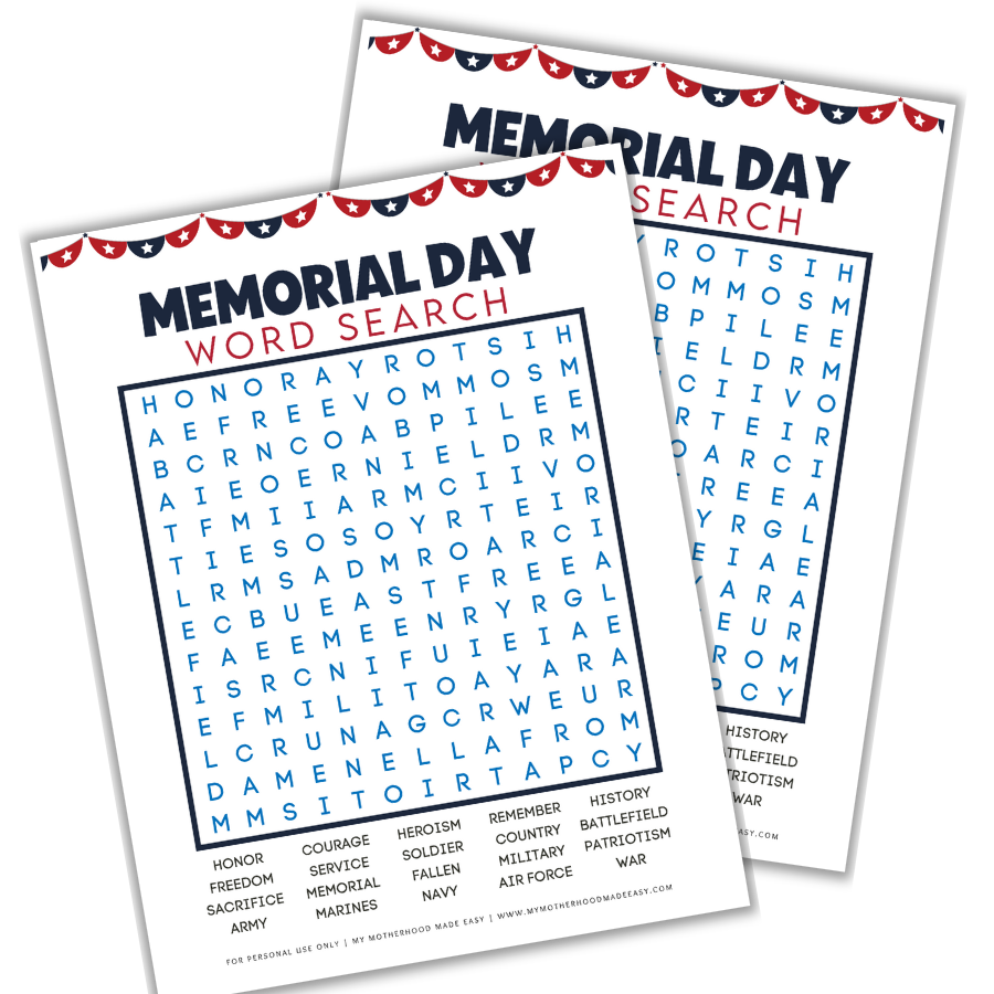 Free Printable Memorial Day Word Search (Hard) 
