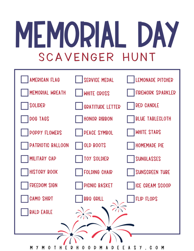 Memorial Day Scavenger Hunt Checklist