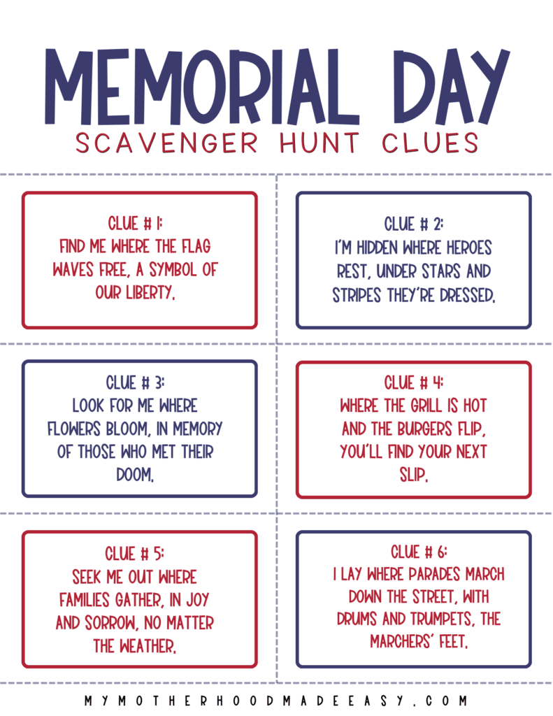 Memorial Day Scavenger Hunt Clues