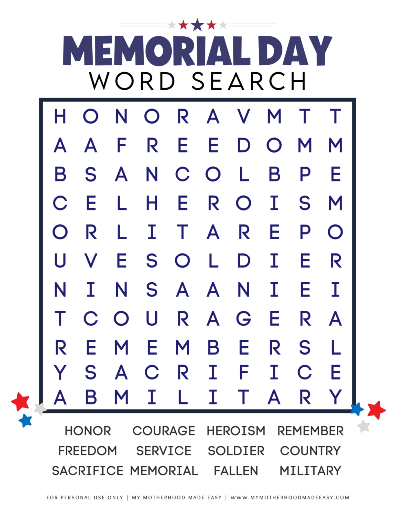Memorial Day word search Large print