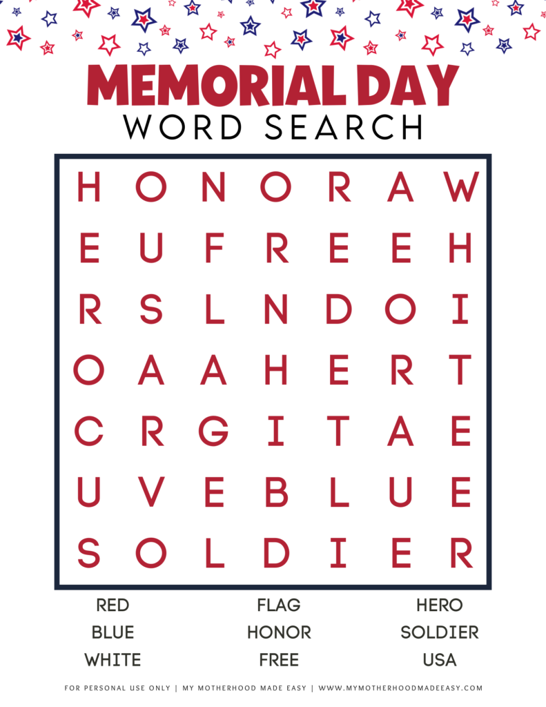 Memorial Day word search for kids