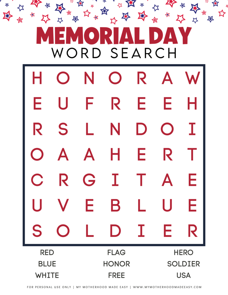 Memorial Day word search for kids
