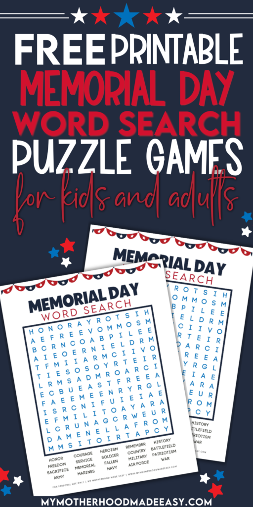 Memorial Day word search free pdf