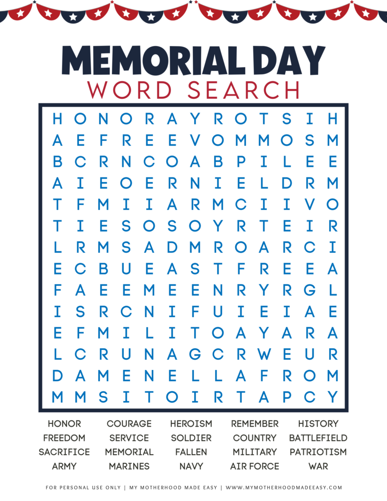 Memorial Day word search hard