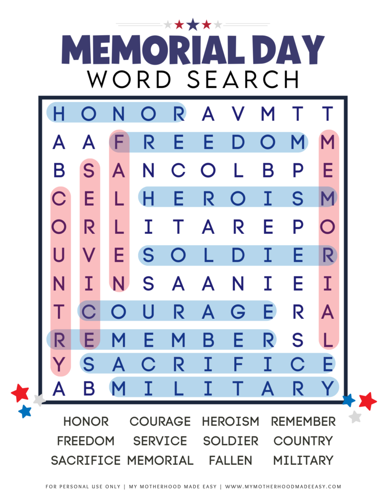 Memorial Day word search with answers