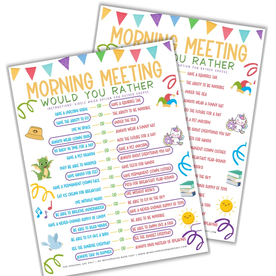 Would you rather morning meeting questions pdf