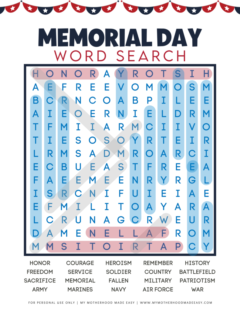 Printable Memorial Day word search answer key