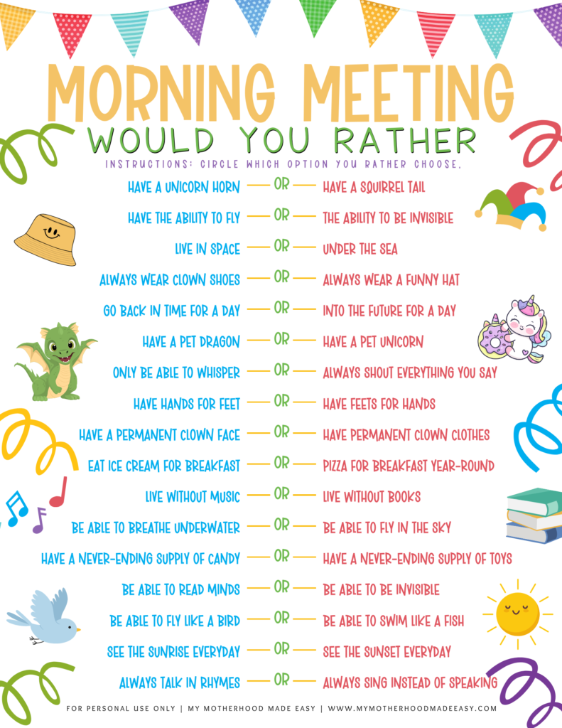 FREE Would You Rather Morning Meeting Questions for Kids PDF