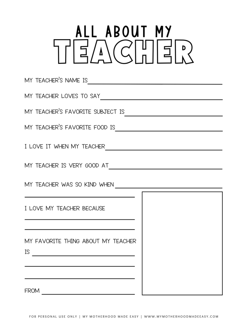 all about my teacher fill in the blank printable