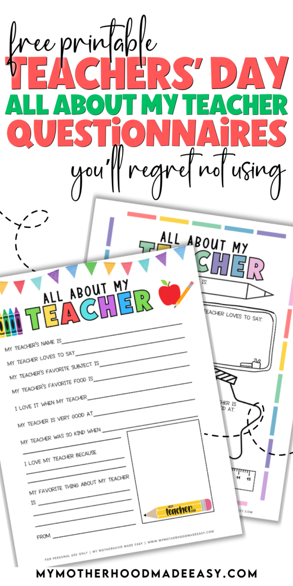 FREE All About My Teacher Printable PDF (Thank You Gift) – My ...