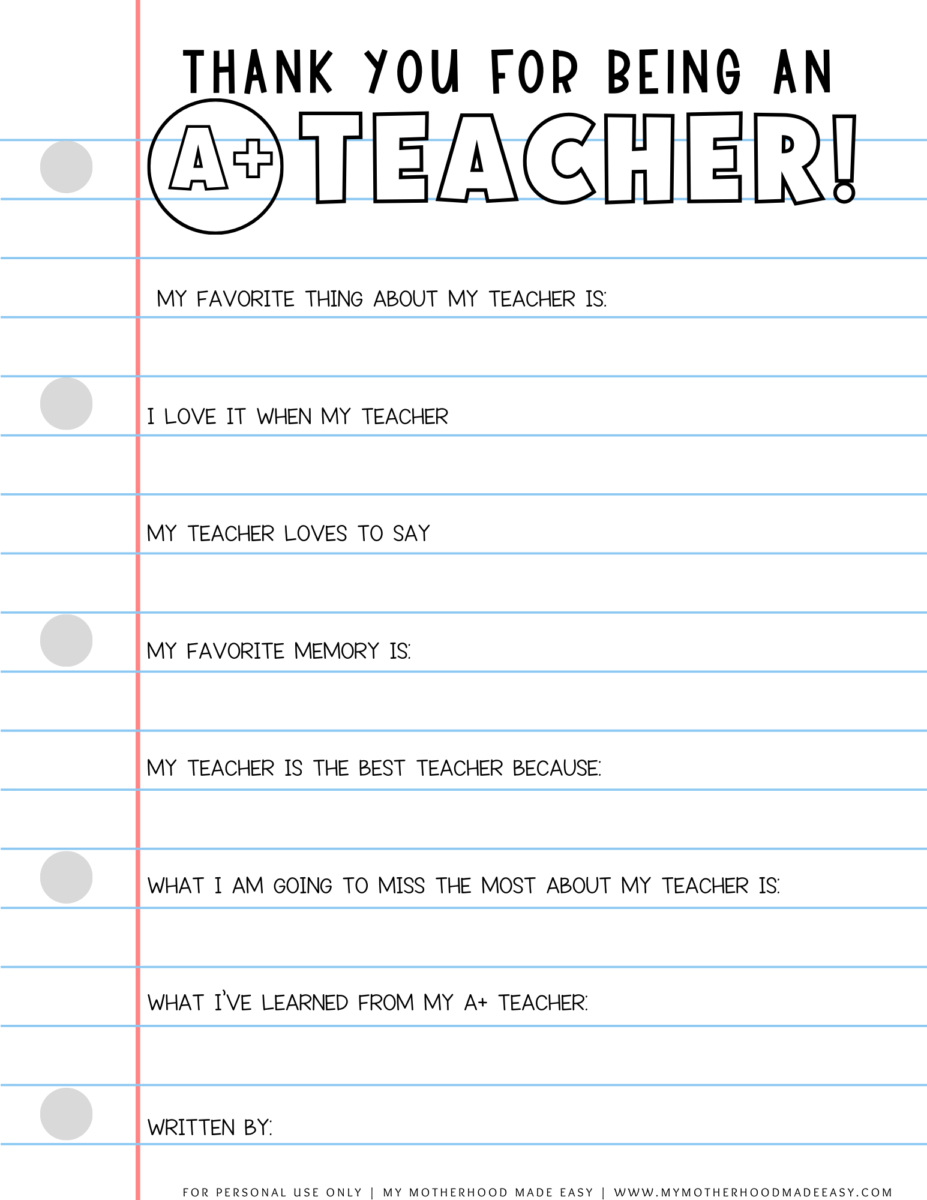 FREE All About My Teacher Printable PDF (Thank You Gift) – My ...