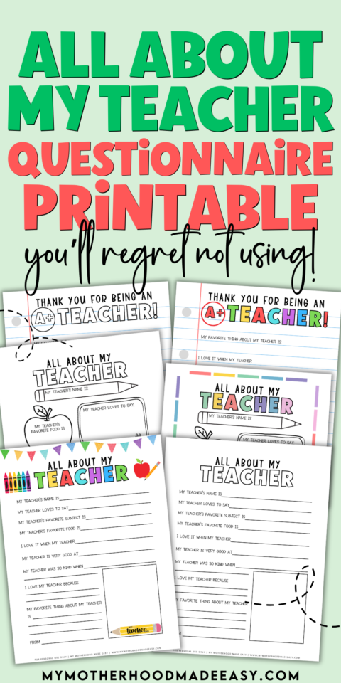 FREE All About My Teacher Printable PDF (Thank You Gift) – My ...