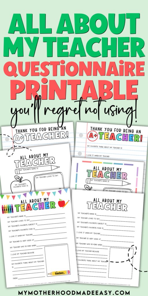all about my teacher questionnaire free printable