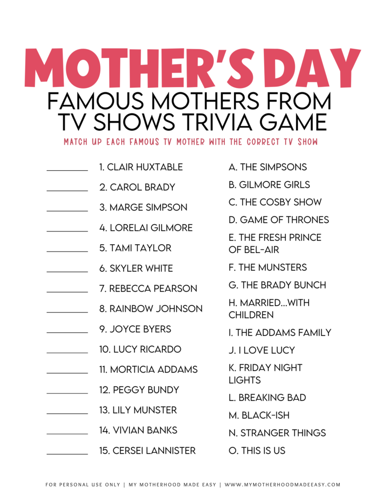 Famous Mothers from TV Shows Trivia Game