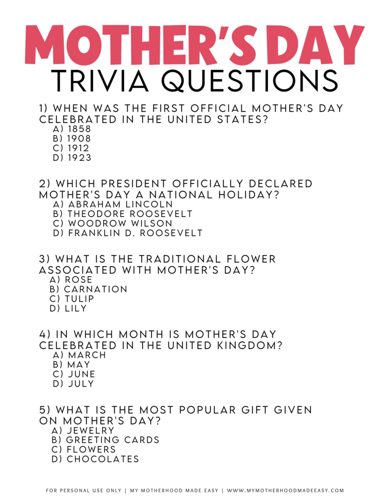 Mother's Day Trivia Q & A - mothers day games