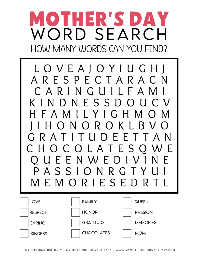 Mother's Day Word Search - mothers day games