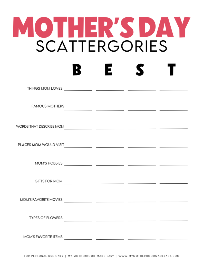 Mother's Day Scattergories